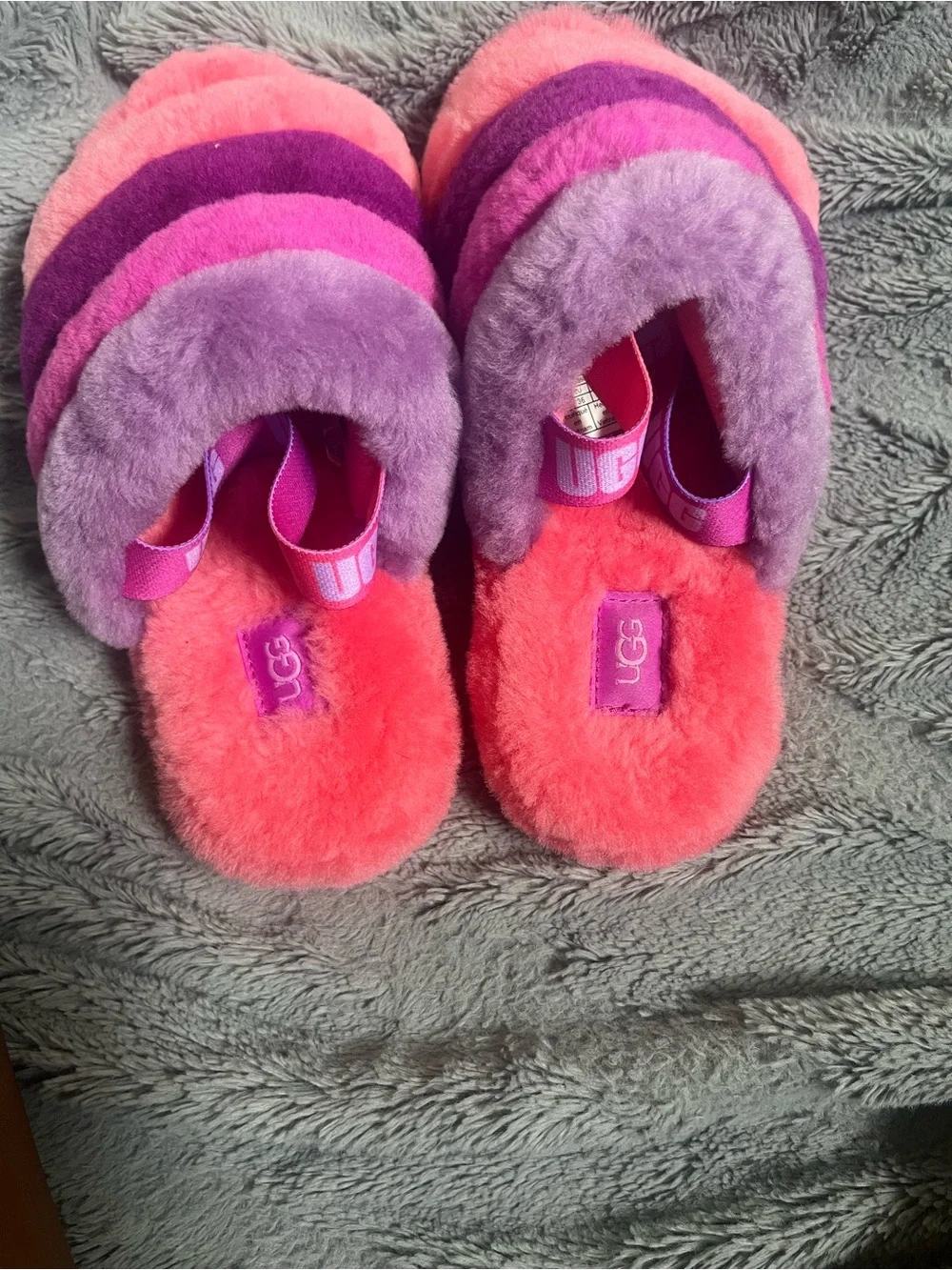 UGG Kids Pink Purple Coral Fluffy Slide Sandals